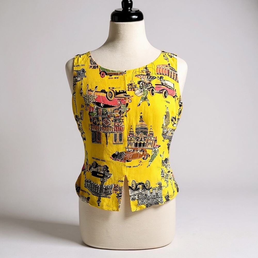 Vintage Criscione 100% Silk Top - Bold Yellow - Art Deco Cityscape